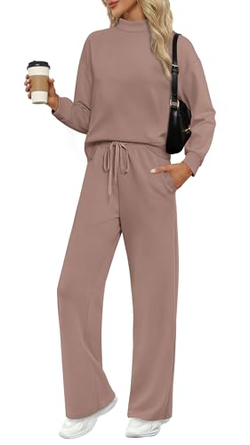 Image of WIHOLL Two Piece Sets for Women Fall Outfits Lounge Sets Mock Neck Tops Wide Leg Pants Vacation Travel Airport Outfits
