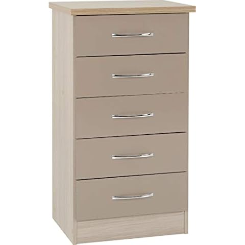 Nevada Chest Of Drawers 5 Drawer Narrow Chest With Metal Handles Storage Unit (Oyster Gloss/Light Oak Effect Veneer) Cover
