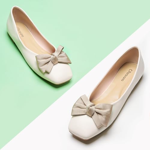 C.Paravano Women's Flats | Square Toe Shoes for Women | White Flat Shoes | Women Soft Leather Bowknot Dressy Flat | Slip On Ballet Flats for Work Walking & Wedding Party (Size 5,White)2