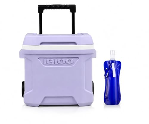Small 16-Quart Cooler Hard-Sided Ice Chest Portable Insulated Cooler with Wheels Telescoping Handle Cool Riser Tech Leak-Resistant with Collapsible Bottle (Lilac) - Bottle