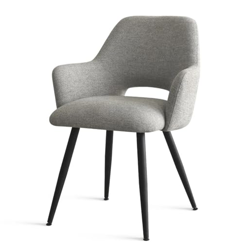 Image of Finch Fox Motel Luxurious Home Collection Upholstery Fabric Arm Dining Room Chairs in Light Grey Color with Black Metal Powder Coated Legs (Set of 2)