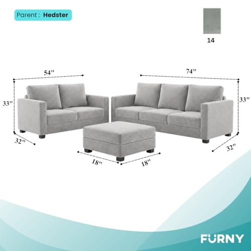 Image of FURNY Haster 3 Seater + 2 Seater Fabric Sofa Set with 1 Ottoman (Light Grey) with Velvet Finish | Durable Comfort | Ideal for Living Room