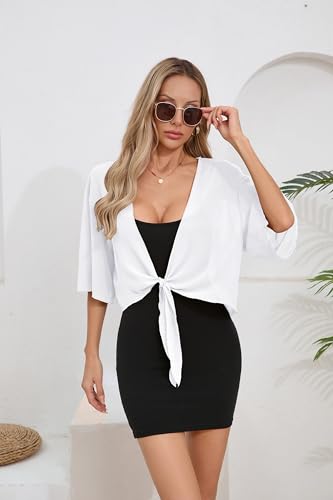 Image of TASAMO Women's 2026 Summer Lightweight Short Bolero Cardigan Shrug Sheer Tie Front Top 3 /4 Sleeve Jacket for Dress