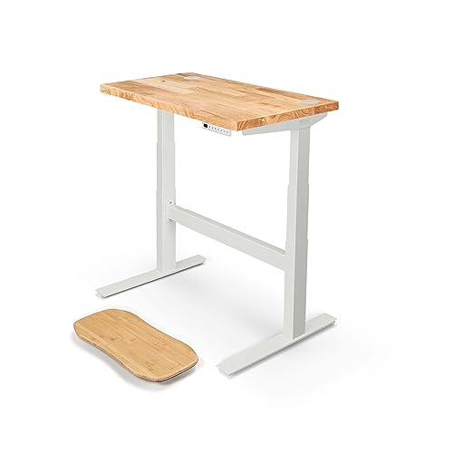 Image of UPLIFT DESK - V2 Rubberwood Butcher Block (42 x 24 inch) 1.5 inch Desktop Standing Desk, Height Adjustable Commercial Frame (White), Advanced Keypad, Wire Grommets, Wire Tray, Rocker Board