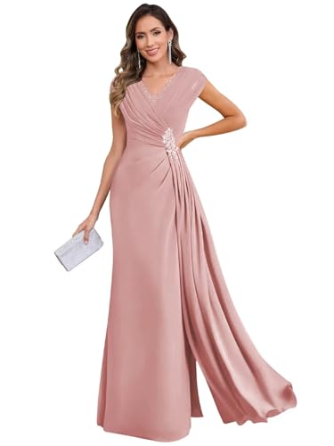 V Neck Mother of The Bride Dresses for Women Cap Sleeve Chiffon Pleated Formal Evening Party Dress