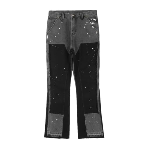 Vintage Flared Jeans for Men Y2k Streetwear Frayed Jean Pants Baggy Hip Hop Graffiti Colorblock Slim Fit Denim Jeans Man Black black1 32