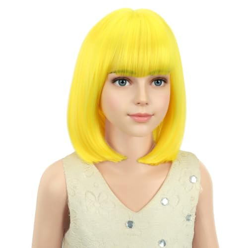 Image of PATTNIUM Kids Yellow Wig Child Yellow Bob Wig for Girls Colored Wigs Cosplay Party Synthetic Rose Net Daily Wear Wigs