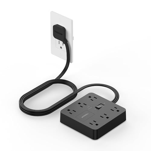 Black Surge Protector Power Strip, TESSAN Flat Plug Extension Cord 5 FT with Multiple Outlets, 1700J Surge Protection with 6 AC, Charging Station for Home Office Supplies Dorm Room Essentials