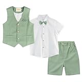 LOLANTA Boys Linen Suit 4 Piece Summer Gentleman Outfit Kids Dress Vest Shirt Shorts Set for Wedding Graduation(Green,5)