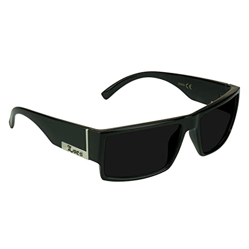 Locs Super Dark Sunglasses Mens Black Wrap Around Lowrider Gangster Cholo Vintage Flat Top (Deville Glossy - Fits Med - Lg, Grey)