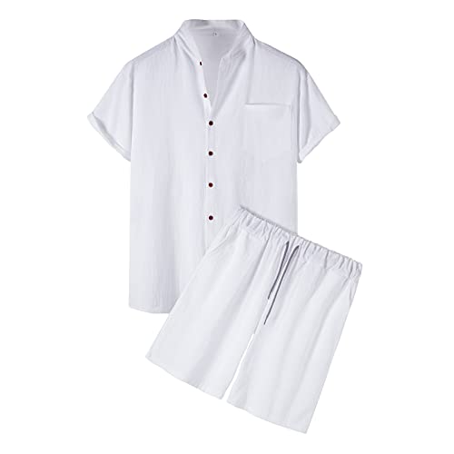 QWUVEDS Camisas y pantalones de playa de algodón para hombre pantalones cortos de lino 2 piezas brazo de verano para hombre trajes y conjunto de chándal gris para hombre, Blanco, XXL