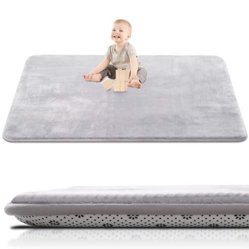 Image of Large Thick Baby Play Mat for Floor,Padded 74x50 Playpen Mat,Foam Tummy Time Mat,Soft Support&Plush Feel Nursery Rug,Non Slip for Toddler,Infants,Kids Play,Yoga,Baby Crawling Mat (Light Grey)