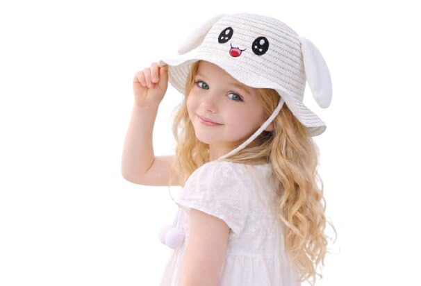 Image of FabSeasons Kids Cute Straw Sun Hat with Moving Ears (Ages 4-8 Years) | UV Protection, Wide Brim, Foldable, Beach Bucket Cap | Girls & Boys Breathable Summer Sun Hat with Inner Adjustable String