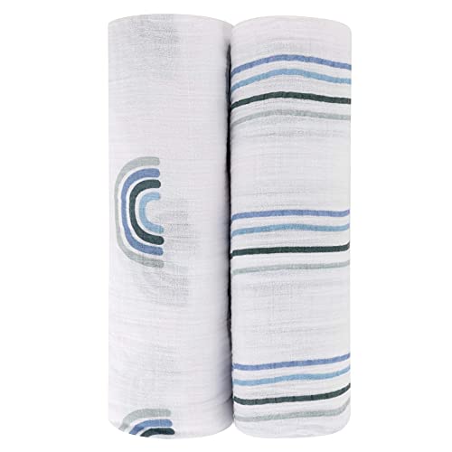 Image of Ely's & Co. Cotton Muslin Swaddle Blanket 2-Pack for Baby Boy - 100% Cotton Muslin Extra-Large Swaddle Blankets (47 inch x 47 inch) Blue Rainbows | Blue Stripes