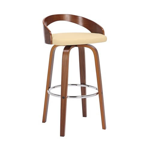 Armen Living Sonia Mid Century Modern Swivel Bar Stool for Kitchen Island Counter in Cream Faux Leather and Walnut Wood 30 Seat Height