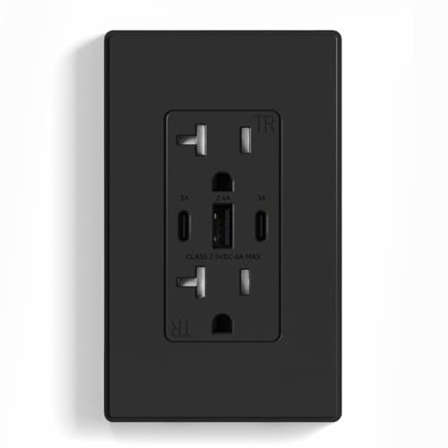 Image of ELEGRP USB Outlets, 30W 6.0 Amp USB C Outlets Receptacles, 3-Port USB Wall Outlet, 20 Amp Tamper-Resistant Outlet with 2 USB C Ports, UL Listed, Screwless Wall Plate Included, 1 Pack, Matte Black