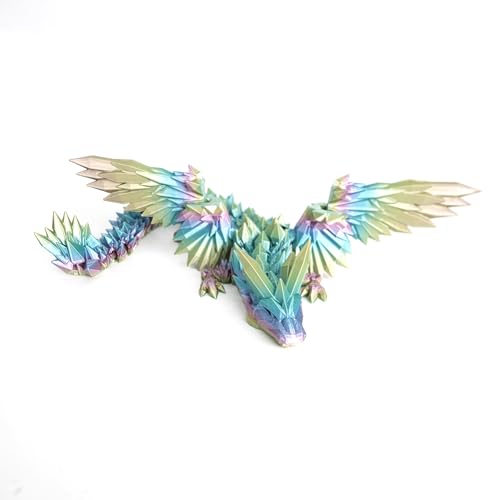 Image of 3D Printed Dragon - 18 inch Flying Dragon with Wings, Articulated Winged Crystal Fidget Toy, Home Decor, Birthday Gift, Desk Pet - M Rainbow