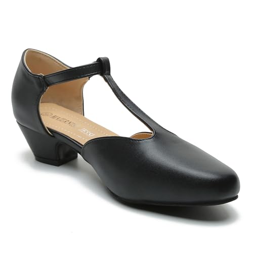 Image of MAIERNISI JESSI Women's T-Strap Mary Jane Pumps, Low Block Heel, Closed Toe, Buckle Ankle Strap
