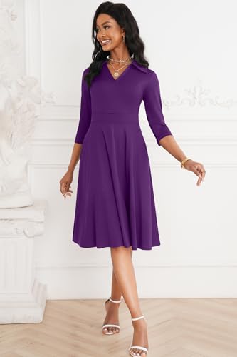Image of Nmoder Casual Dresses for Women Semi Formal Fit and Flare 3 /4 Sleeve V Neck Cocktail Church Midi Dress with Pockets