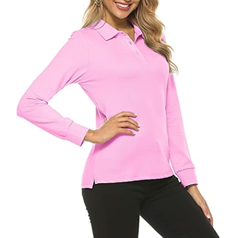 AjezMax Womens Golf Shirts Long Sleeve Polo Shirt Sport Basic Quick Dry Shirt - Pink - Medium Cover