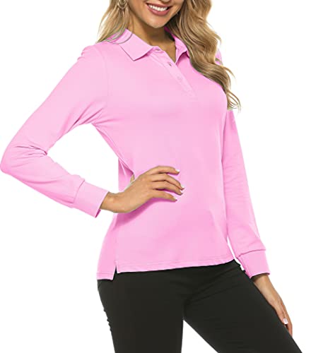 AjezMax Women Golf Sports Polo Shirts Long Sleeve Quick Dry Slim Fit UPF 50+ Athletic Tennis Running Work Tops with Collar Pink Large