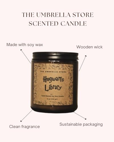 Image of THE UMBRELLA STORE Hogwarts Library Scented Candle, HP Themed Scented Candle, Vegan Hand Poured 100% Soy Wax Candle, Luxury Scented, Home Decor Candle, Woody