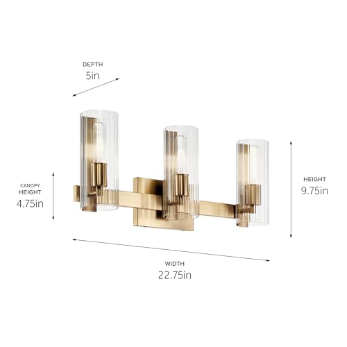 Image of Kichler Jemsa 3-Light Bathroom Vanity Light Fixture with Clear Fluted Glass in Champagne Bronze for Modern Bathroom or Powder Room Wall Lighting (9.75 x 22.75 in), 55168CPZ