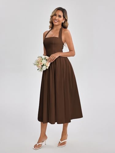 Image of Parthea Women's Floral Halter Corset Midi Dress 2026 Elegant Smocked Flowy Wedding Guest Dresses with Pockets