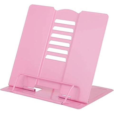 Luckindom Book Stand, Foldable Cookbook Holder with Multiple Adjustable Angles and Paper Page Clip, Sturdy and Smooth Metal Bookstand for Reading Recipe, Textbook, Document, Music Book, Laptop (Pink) Cover