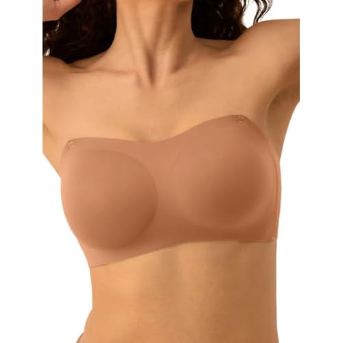 Strapless Bras for Women, S-2XL, Wireless Seamless Tube Top Bra, Anti-Slip Lightly Padded Bandeau Bralette Brown Large