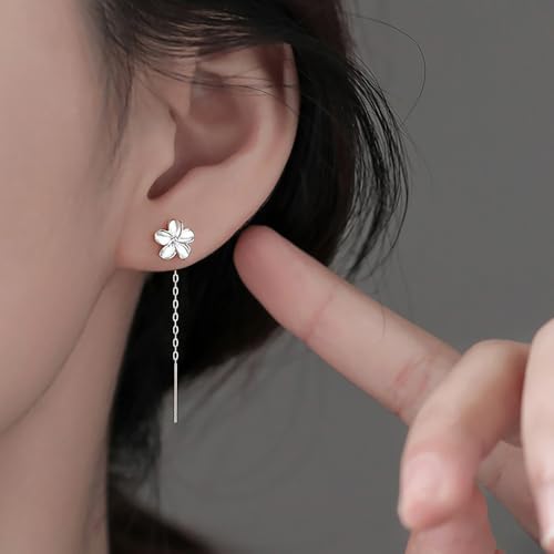 Reffeer Solid 925 Sterling Silver Plumeria Flower Chain Dangle Earrings for Women Teen Girls CZ Flower Tassel Earrings Threader Drops3