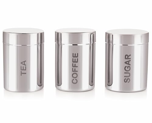 STEEPLE Stainless Steel Tea, Coffee, and Sugar Container Set Â– 800 ml Capacity Each | Durable, Rustproof, Airtight Storage Jars for Kitchen | Set of 3 Modern Canisters with Engraved Labels, Silver