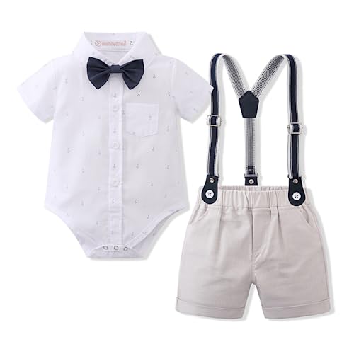 Image of Volunboy Baby Boy Formal Short Set Toddler Summer Gentleman Outfit Kid Short Sleeve Bowtie Shirt Suspender Shorts Suit