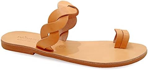 Emmanuela – Sandalias planas de cuero griegas hechas a mano con correa trenzada, zapatos de verano de calidad para mujer, deslizadores de anillo para los dedos, mulas blancas y oro rosa, Beige