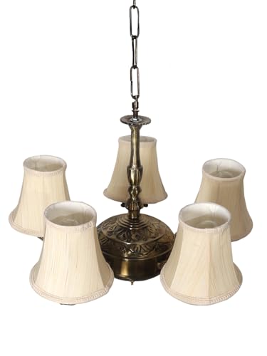Image of Devansh 05 Lights Off-White Round Cotton Shade with Antique Golden Chandelier -H