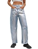 Kedera Women's Shiny Metallic Barrel Jeans Straight Wide Leg Glitter Jeans Denim Pants Y2K Disco Horseshoe Trousers