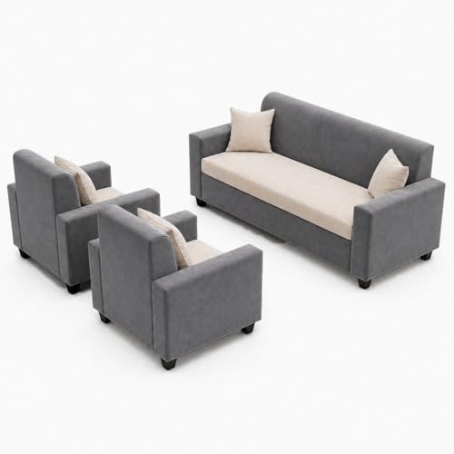 Image of FURNY QualityWood 3 Seater + 1 Seater + 1 Seater Fabric Sofa Set (Cream-Dark Grey) with Velvet Finish | Durable Comfort | Ideal for Living Room