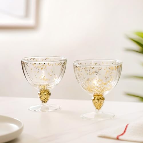 Image of Nestasia Glass Set Of 2 Double Wall Goblets | 250Ml, Gold Star-Shaped Sequins, Dishwasher Safe, Stemmed Design, Elegant Drinkware For Wine, Iced Lattes, Brandy & Mocktails