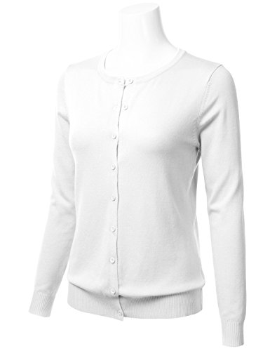 Floria Women's Button Down Crew Neck Long Sleeve Soft Knit Cardigan Sweater White S #TOP1
