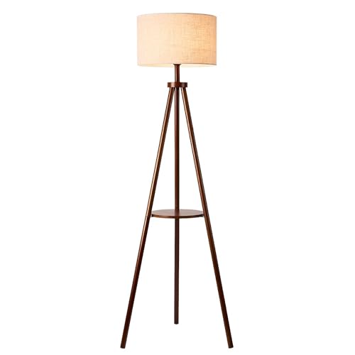 Lampadaire trépied vintage en bois massif avec étagère et abat-jour lin