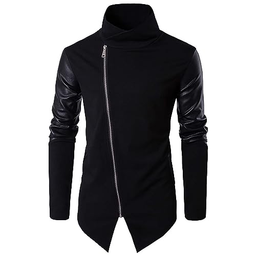 Men's Knit Leather Patchwork Jacket Windproof Zip-Up Stand Collar Slim Fit Black Casual Jacket Outwear for Men