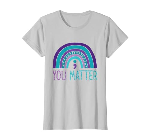 You Matter Semicolon Suicide Prevention Purple Teal Rainbow T-Shirt, Women, Silver Grey, Large