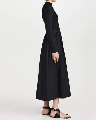 Women's Long Sleeve Turtleneck Maxi Dress Elegant Patchwork Casual Flowy Mock Neck Long Dress with Pockets3