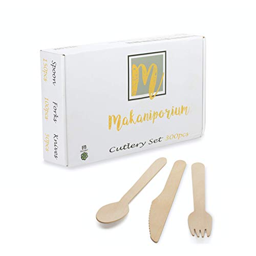 Makaniporium Wooden Disposable Cutlery - Natural Birchwood Wood - Biodegradable, Compostable & Eco Friendly - 150 Spoons - 100 Forks - 50 Knives Per Pack - Perfect for Any Gatherings (300pcs Set)