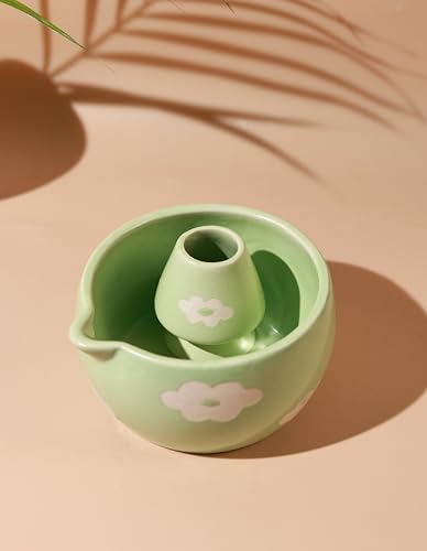 Image of Craftribal Handmade Ceramic Blossom Matcha Bowl with Whisk Holder - Pottery Chawan for Japanese Tea Ritual, Matcha Lovers & Gifting|Bowl - 5.5 inches|Holder-2.5 inches|Design-Green Floral