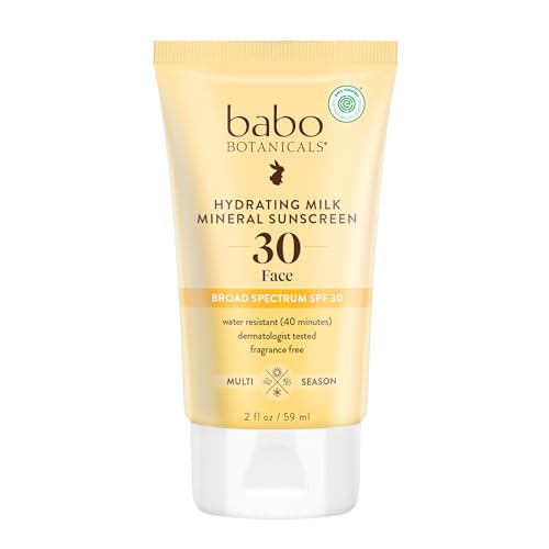 Babo Botanicals Hydrating Milk Mineral Sunscreen SPF 30 with Dewy Finish Lightweight Zinc Oxide Daily Face Sunscreen for Sensitive Skin EWG Verified Broad Spectrum UVA/UVB Protection