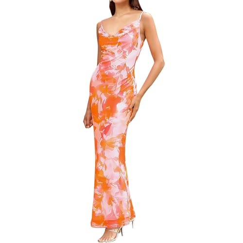 Image of Women's Spaghetti Strap Maxi Dress Floral Print Bodycon Long Dress Summer Beach Vacation Wedding Guest Outfits