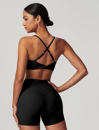 Image of ABOCIW Womens V Neck Twist Back Sports Bra Padded Low Impact Fitness Yoga Bra Workout Crop Top