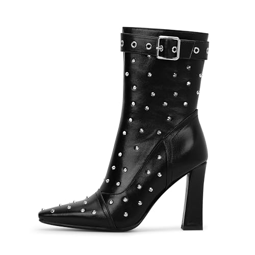 Women's Punk Rivet High Heel Square Toe Ankle Boots Buckle Strap Sexy Booties2