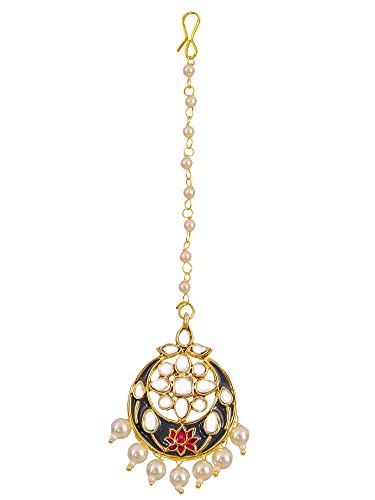 Crunchy Fashion Jewellery Beautiful Gold Plated Traditional Kundan & Mennakari Grey Half Moon Shape Maang Tikka for Women & Girls